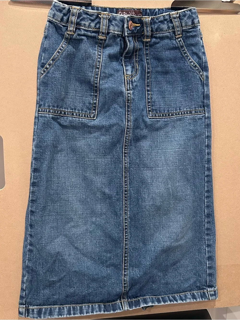 Old Navy Girls 7 Denim Midi Skirt Utility Pocket Blue Jean Y2K